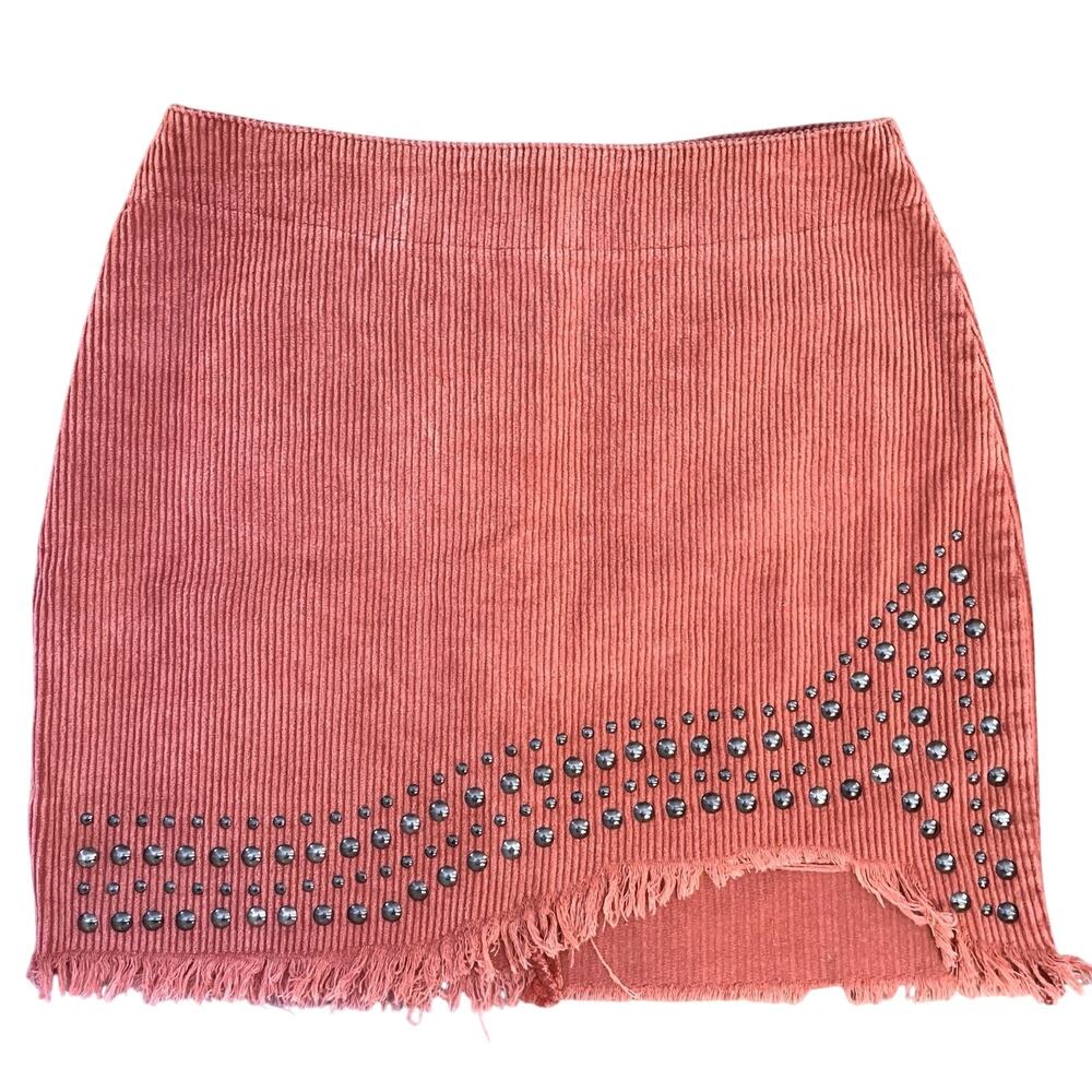 POL Corduroy Mini Skirt in Coral, Women’s S, Festival Skirt Cowgirl Studs Fringe